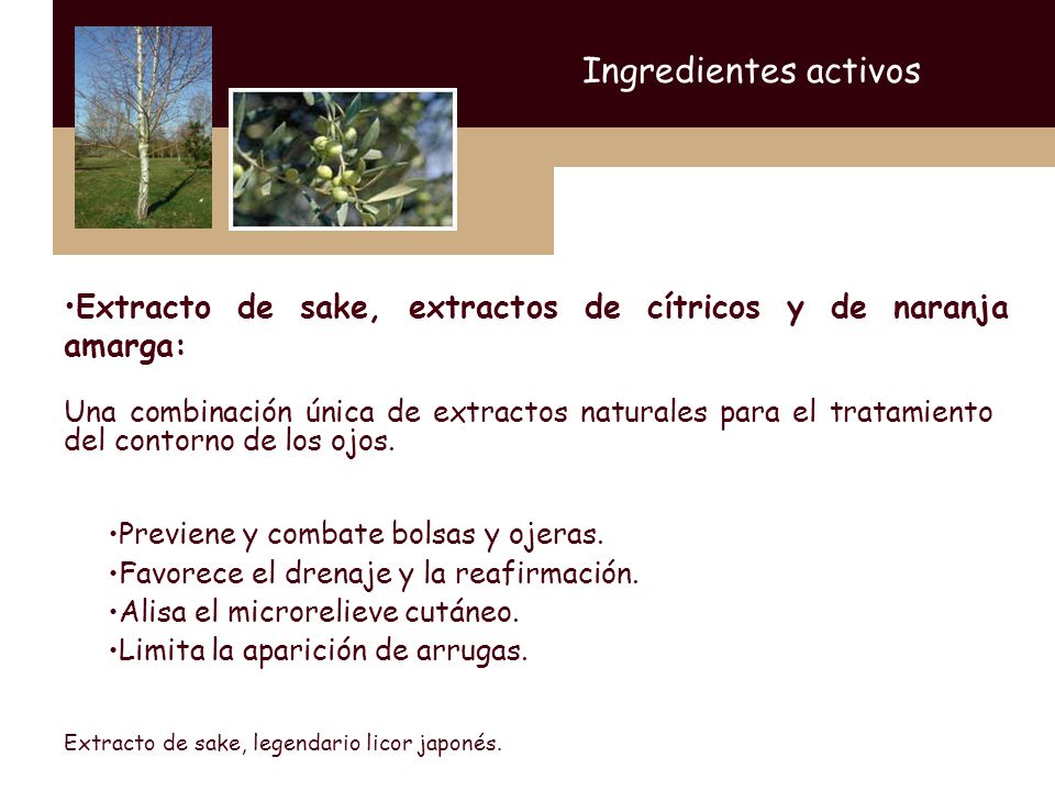 Ingredientes activos Extracto de sake, extractos de cítricos y de naranja amarga: