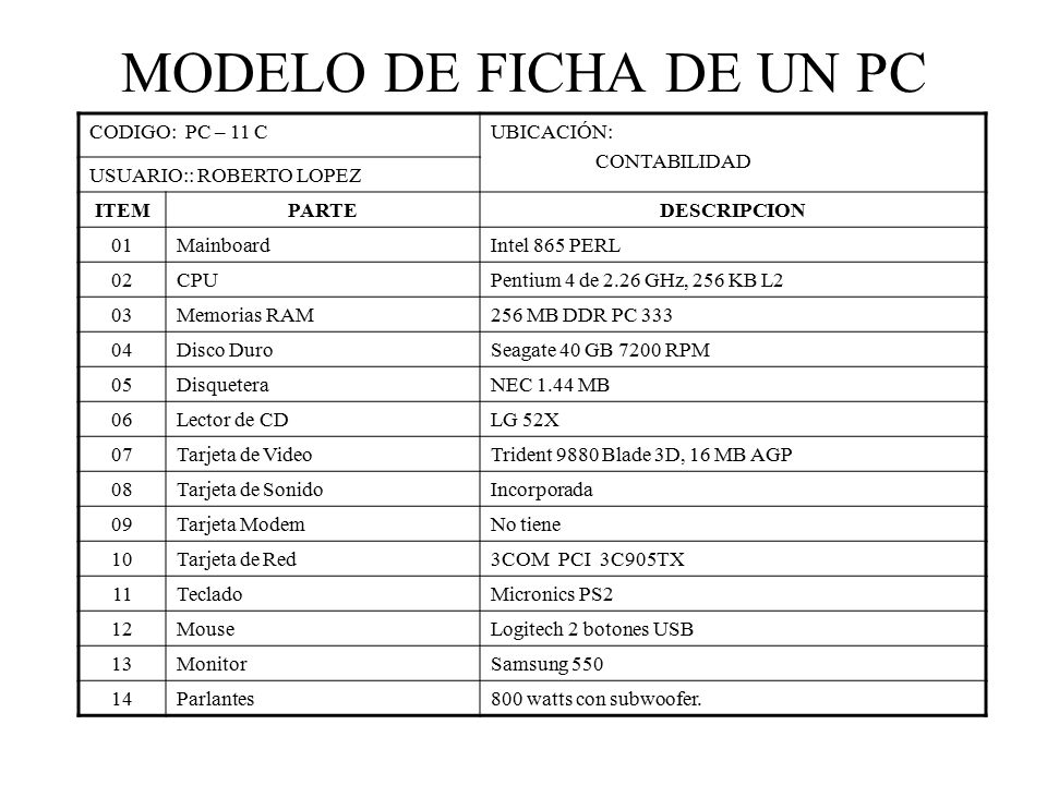 MODELO DE FICHA DE UN PC CODIGO: PC – 11 C UBICACIÓN: CONTABILIDAD