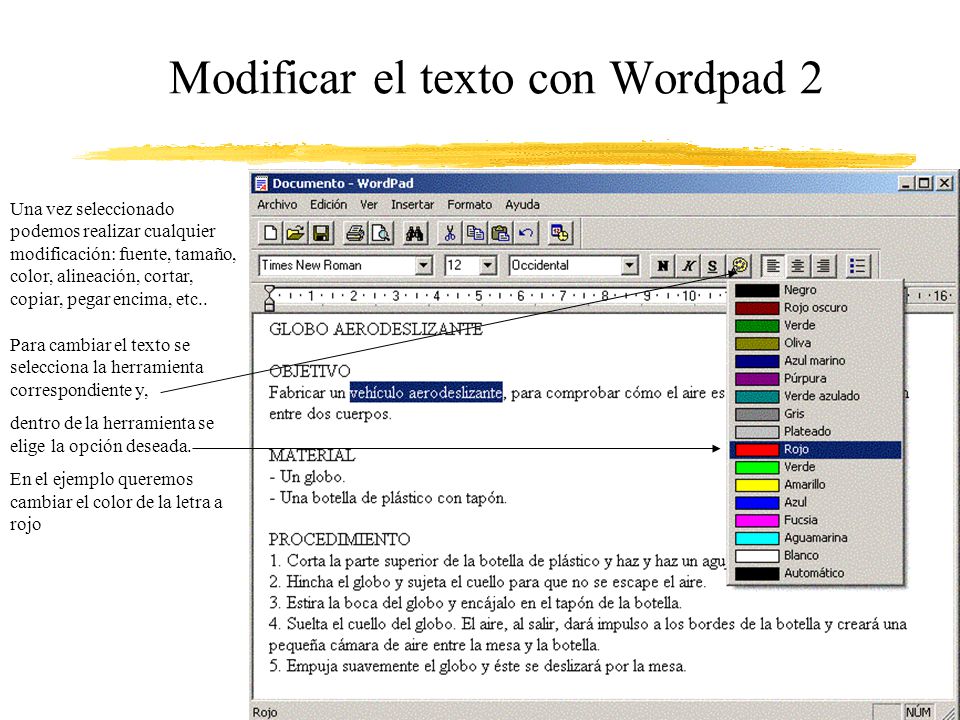 Modificar el texto con Wordpad 2