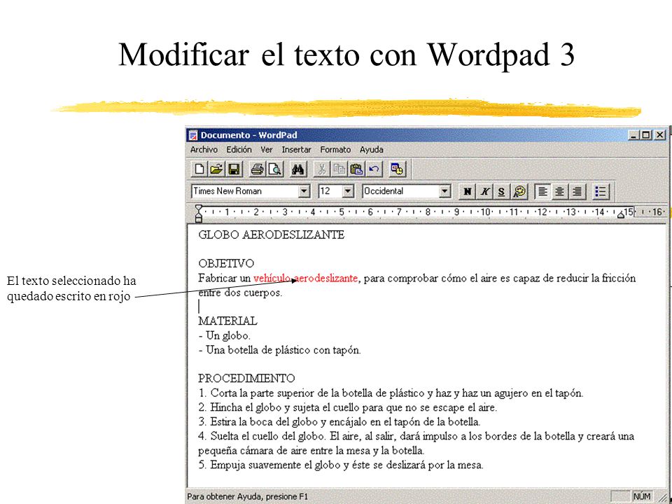 Modificar el texto con Wordpad 3