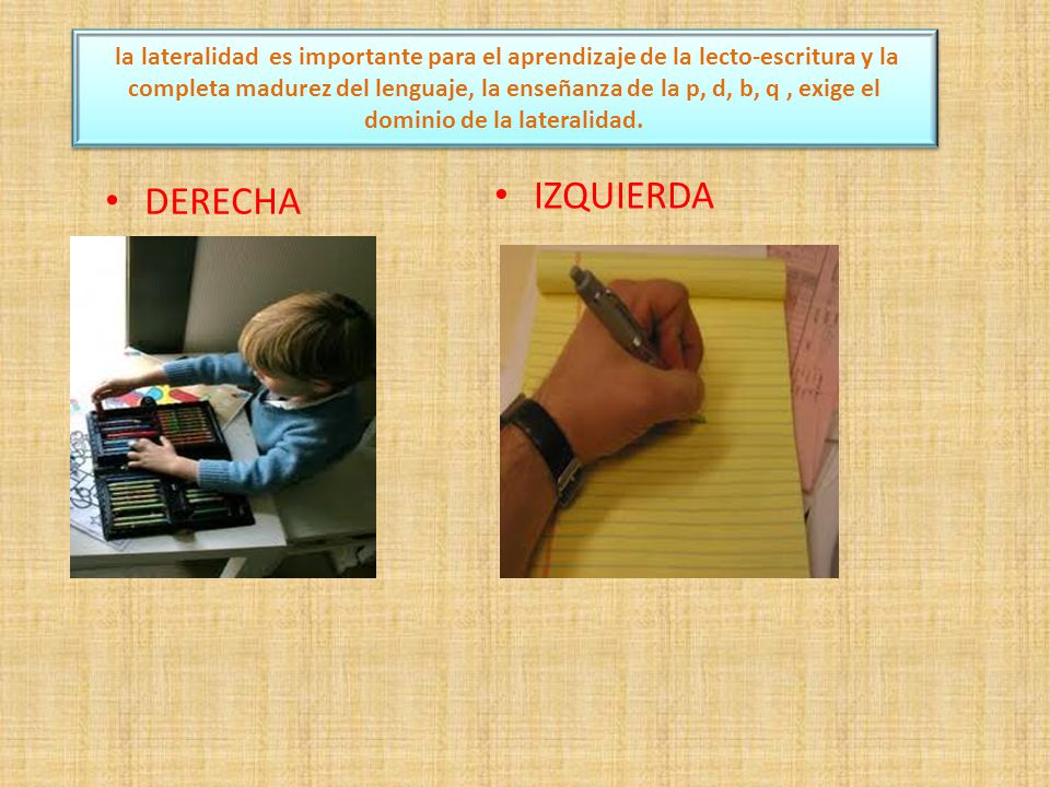la lateralidad es importante para el aprendizaje de la lecto-escritura y la completa madurez del lenguaje, la enseñanza de la p, d, b, q , exige el dominio de la lateralidad.