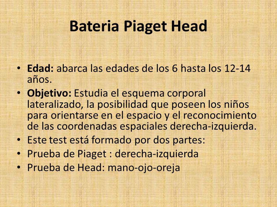 Bateria Piaget Head Edad: abarca las edades de los 6 hasta los años.