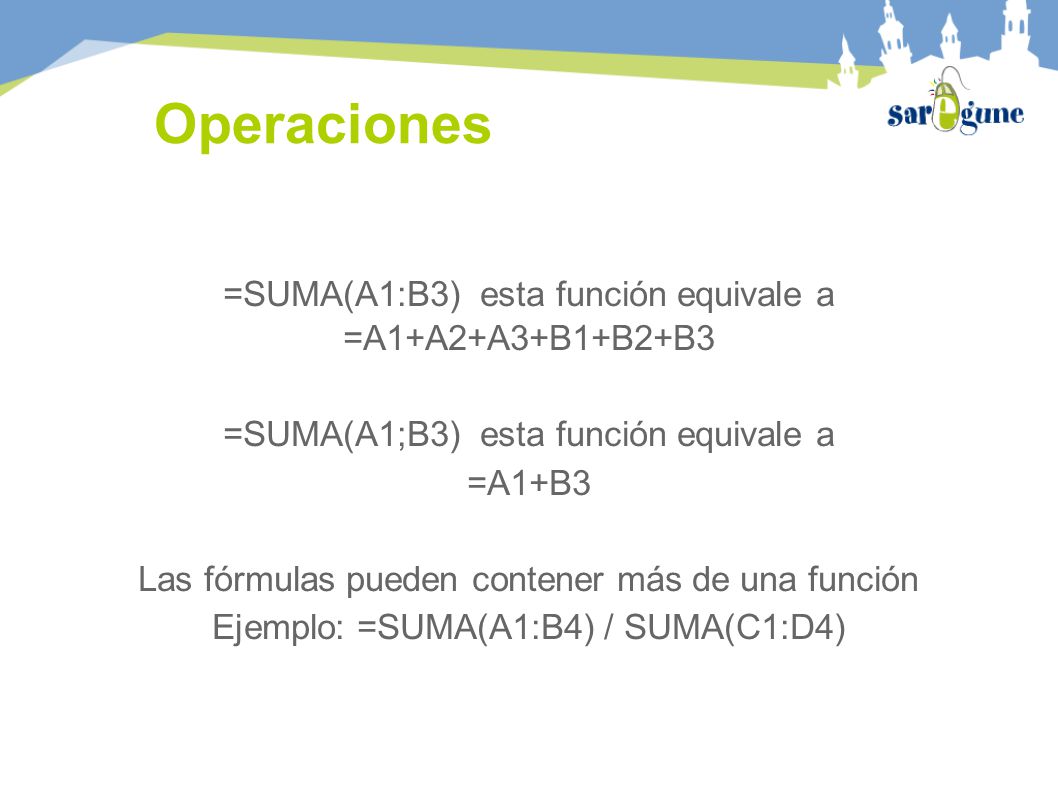 Operaciones =SUMA(A1:B3) esta función equivale a =A1+A2+A3+B1+B2+B3