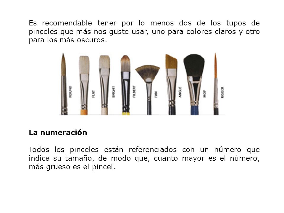 Es recomendable tener por lo menos dos de los tupos de pinceles que más nos guste usar, uno para colores claros y otro para los más oscuros.