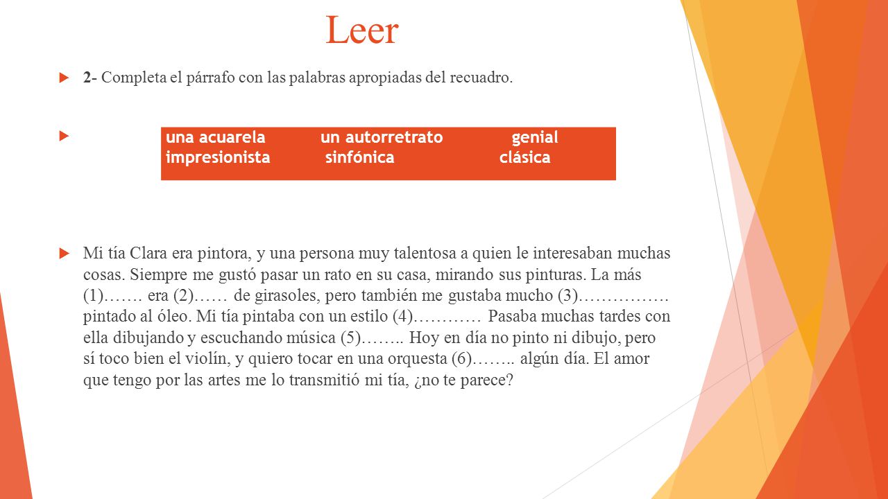 Leer 2- Completa el párrafo con las palabras apropiadas del recuadro.