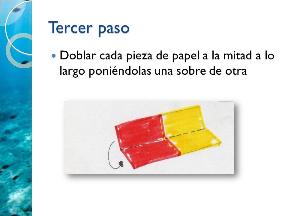 Tercer paso Doblar cada pieza de papel a la mitad a lo largo poniéndolas una sobre de otra