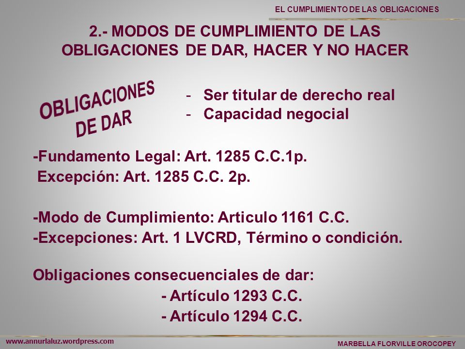2.- MODOS DE CUMPLIMIENTO DE LAS OBLIGACIONES DE DAR, HACER Y NO HACER