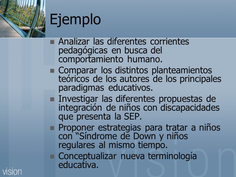 Ejemplo Analizar las diferentes corrientes pedagógicas en busca del comportamiento humano.