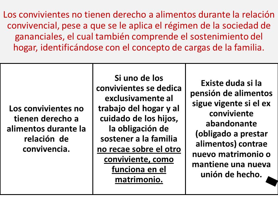 Los convivientes no tienen derecho a alimentos durante la relación convivencial, pese a que se le aplica el régimen de la sociedad de gananciales, el cual también comprende el sostenimiento del hogar, identificándose con el concepto de cargas de la familia.