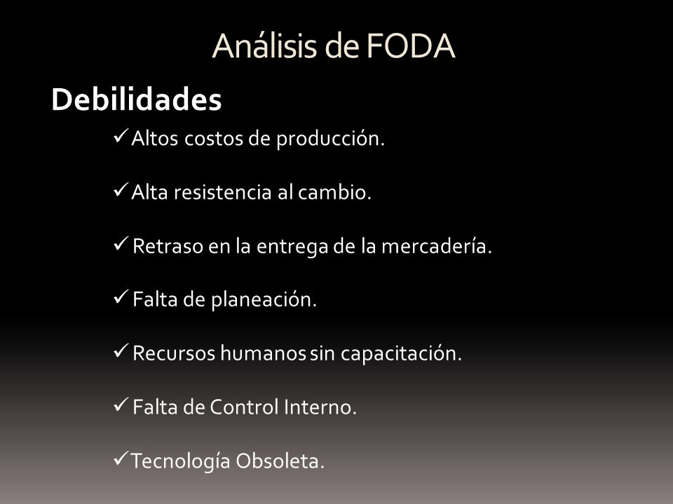 Análisis de FODA Debilidades Altos costos de producción.