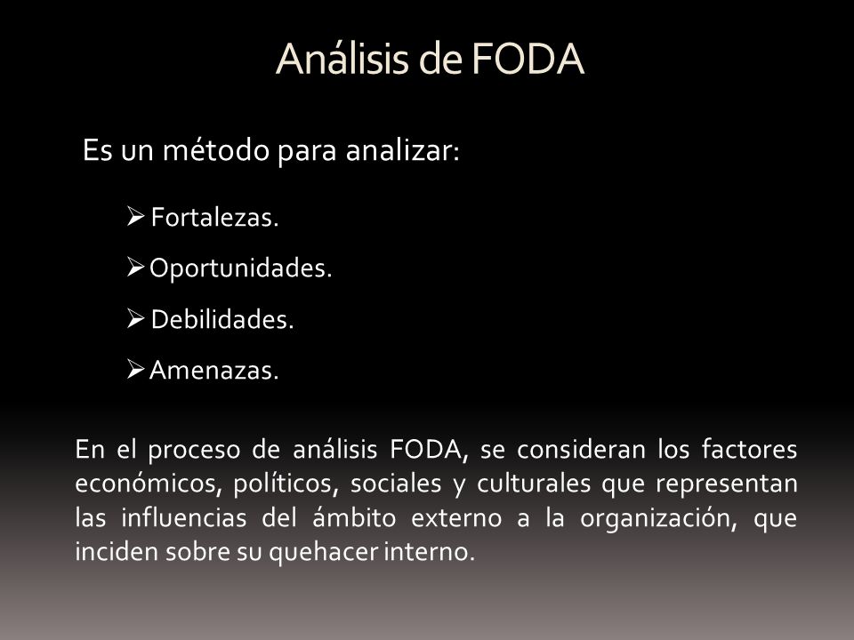 Análisis de FODA Es un método para analizar: Fortalezas.