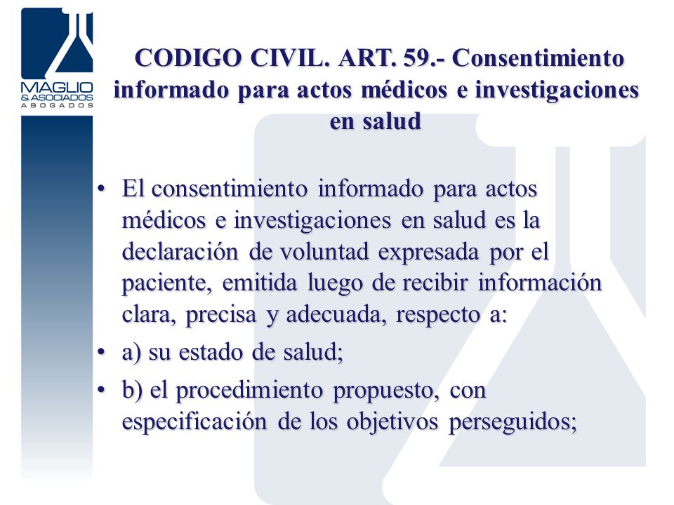 CODIGO CIVIL. ART Consentimiento informado para actos médicos e investigaciones en salud
