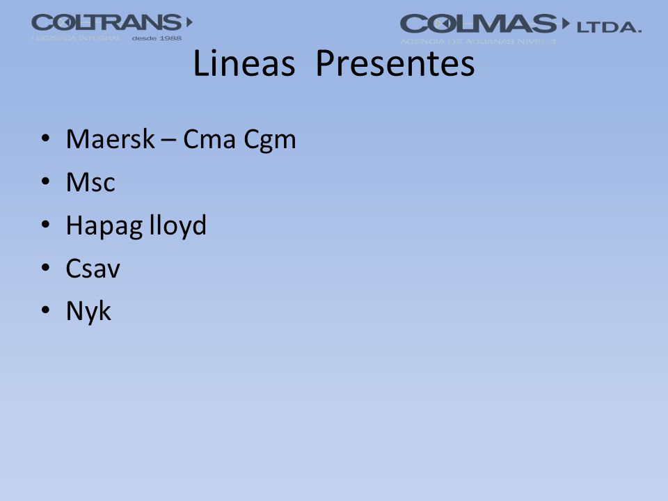 Lineas Presentes Maersk – Cma Cgm Msc Hapag lloyd Csav Nyk