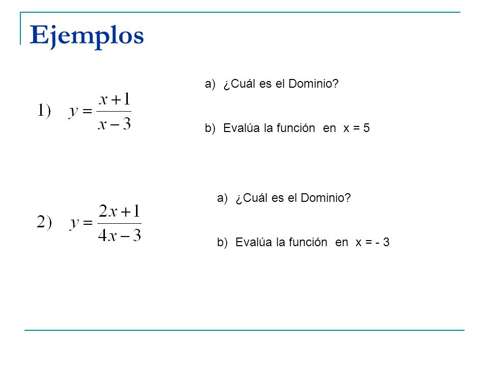 Ejemplos ¿Cuál es el Dominio Evalúa la función en x = 5