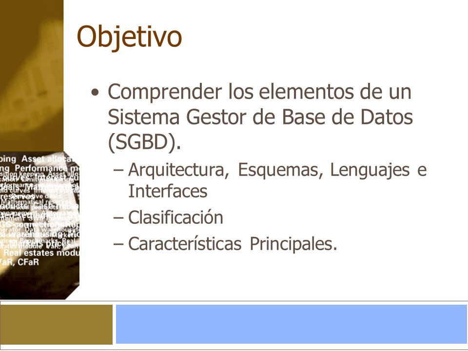 Objetivo Comprender los elementos de un Sistema Gestor de Base de Datos (SGBD). Arquitectura, Esquemas, Lenguajes e Interfaces.