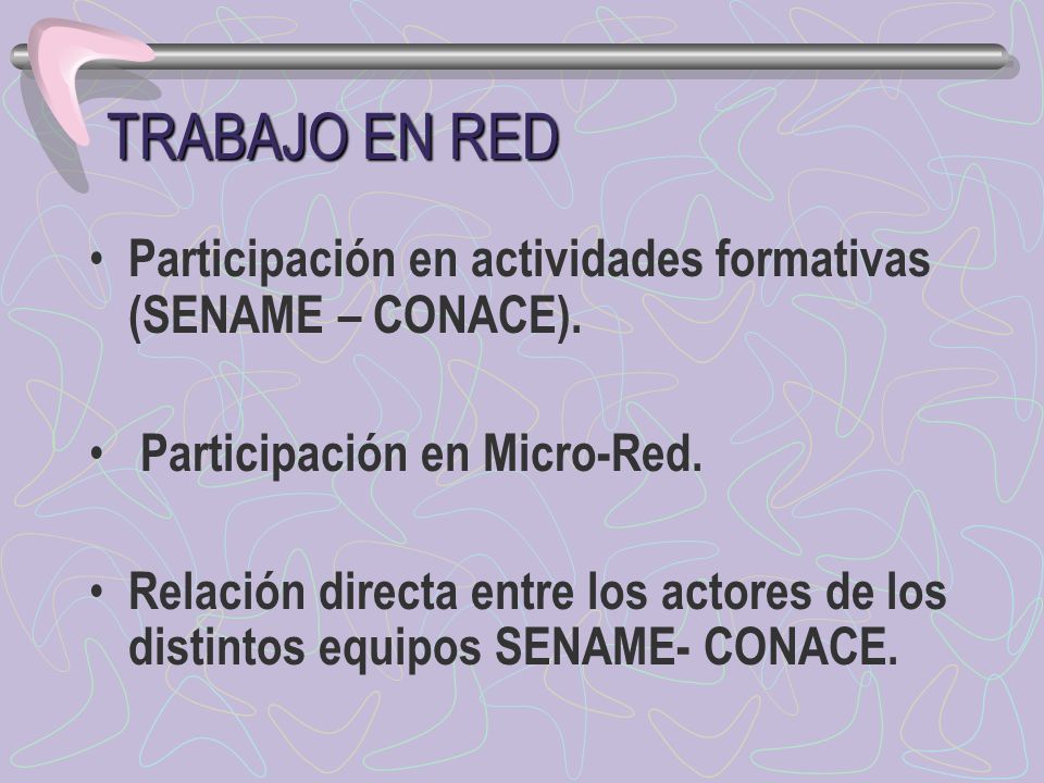 TRABAJO EN RED Participación en actividades formativas (SENAME – CONACE). Participación en Micro-Red.