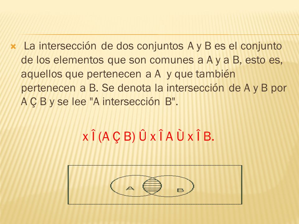 La intersección de dos conjuntos A y B es el conjunto de los elementos que son comunes a A y a B, esto es, aquellos que pertenecen a A y que también pertenecen a B. Se denota la intersección de A y B por A Ç B y se lee A intersección B .