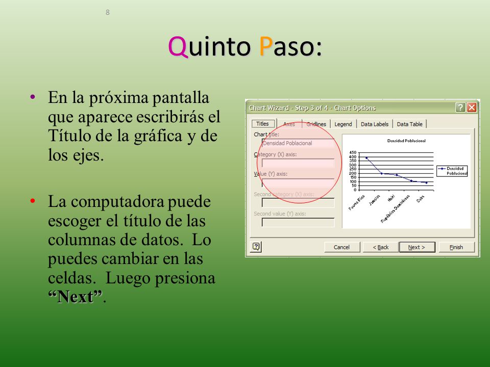 Quinto Paso: En la próxima pantalla que aparece escribirás el Título de la gráfica y de los ejes.