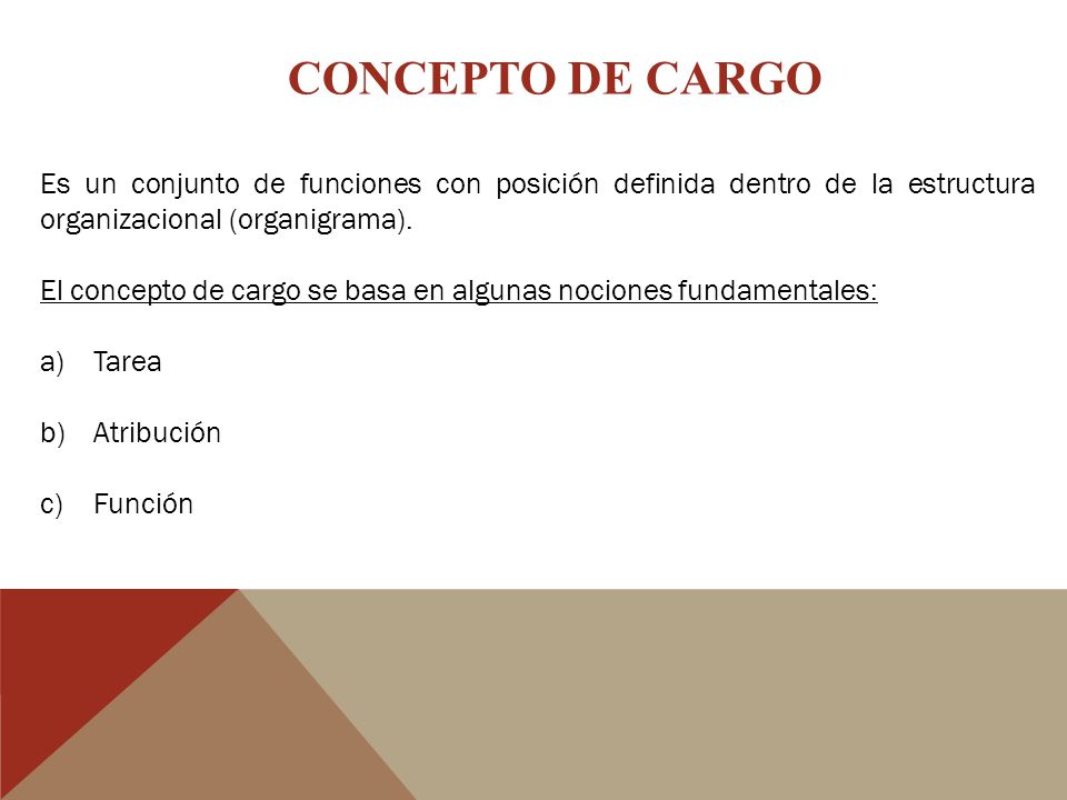CONCEPTO DE CARGO Es un conjunto de funciones con posición definida dentro de la estructura organizacional (organigrama).