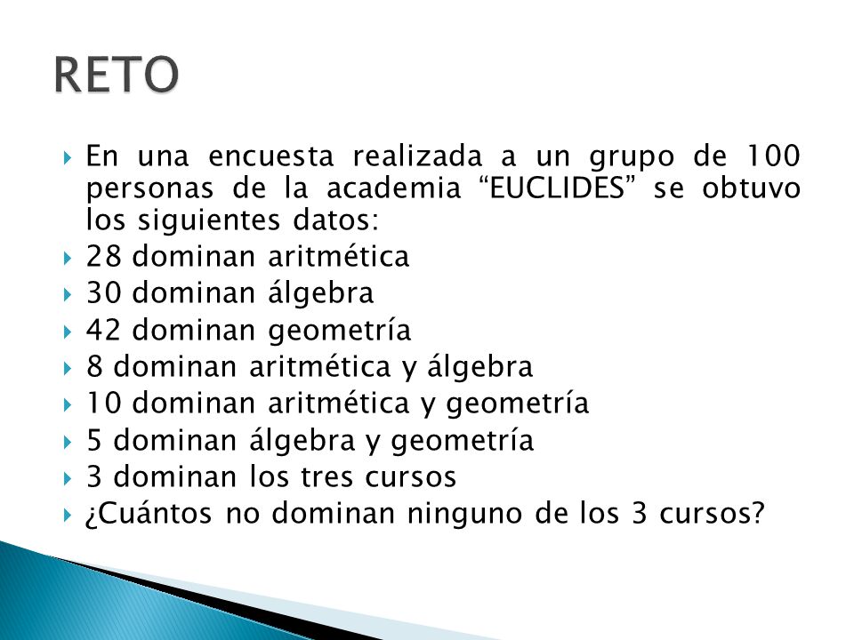 RETO En una encuesta realizada a un grupo de 100 personas de la academia EUCLIDES se obtuvo los siguientes datos: