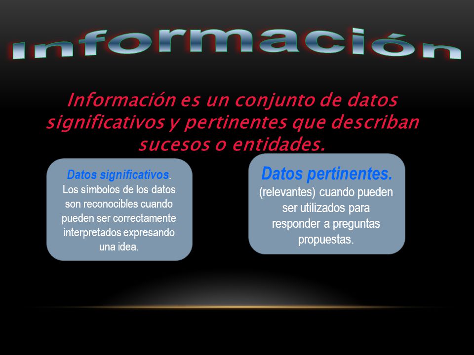 Información Información es un conjunto de datos significativos y pertinentes que describan sucesos o entidades.