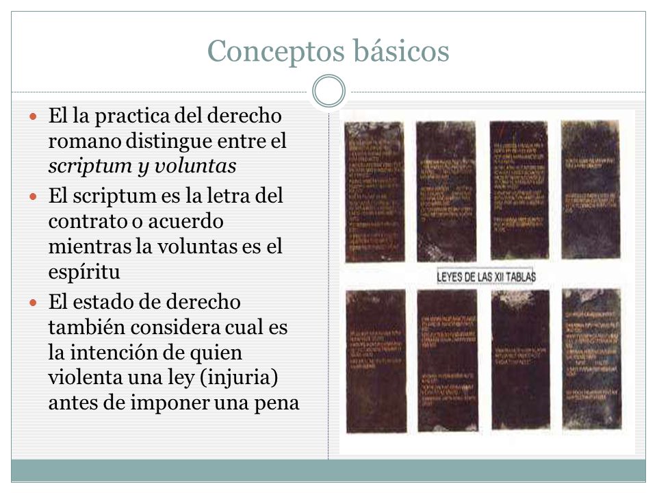 Conceptos básicos El la practica del derecho romano distingue entre el scriptum y voluntas.