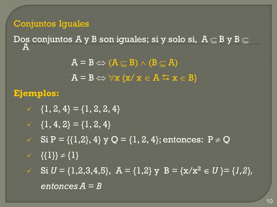 Conjuntos Iguales Dos conjuntos A y B son iguales; si y solo si, A  B y B  A. A = B  (A  B)  (B  A)