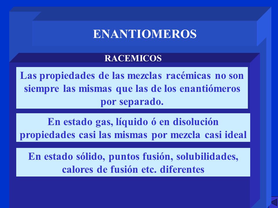 ENANTIOMEROS RACEMICOS. Las propiedades de las mezclas racémicas no son siempre las mismas que las de los enantiómeros por separado.