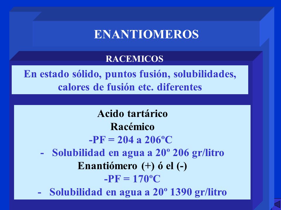 ENANTIOMEROS RACEMICOS. En estado sólido, puntos fusión, solubilidades, calores de fusión etc. diferentes.