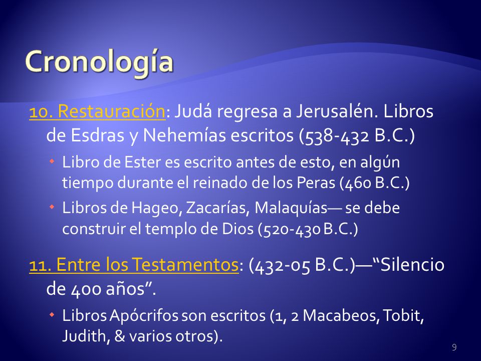 Cronología 10. Restauración: Judá regresa a Jerusalén. Libros de Esdras y Nehemías escritos ( B.C.)