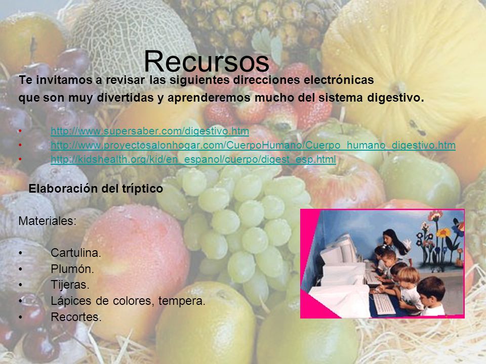 Recursos Te invitamos a revisar las siguientes direcciones electrónicas. que son muy divertidas y aprenderemos mucho del sistema digestivo.