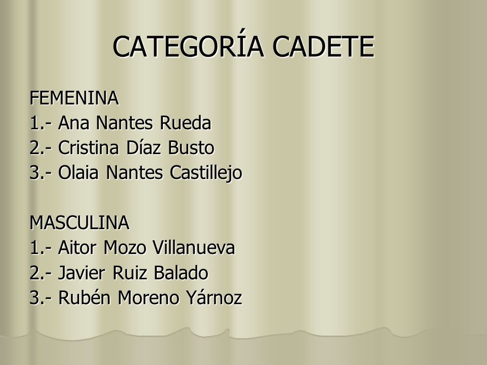 CATEGORÍA CADETE FEMENINA 1.- Ana Nantes Rueda 2.- Cristina Díaz Busto