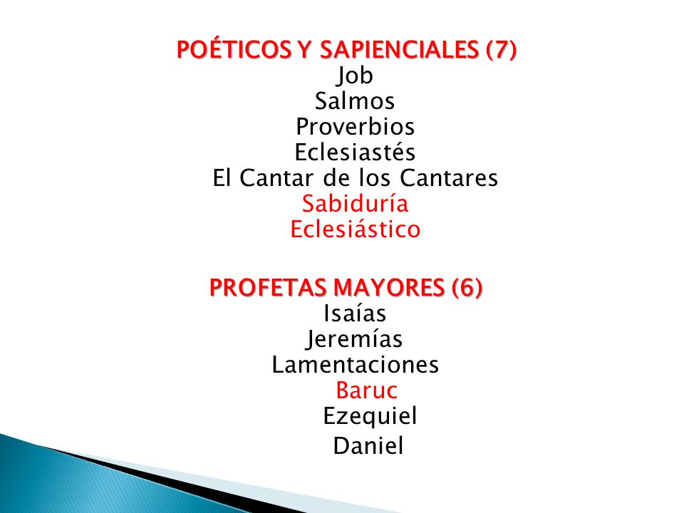 POÉTICOS Y SAPIENCIALES (7) Job Salmos Proverbios Eclesiastés El Cantar de los Cantares Sabiduría Eclesiástico PROFETAS MAYORES (6) Isaías Jeremías Lamentaciones Baruc Ezequiel Daniel
