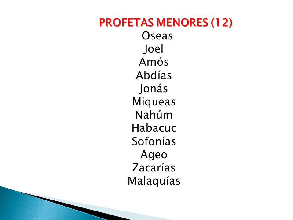 PROFETAS MENORES (12) Oseas Joel Amós Abdías Jonás Miqueas Nahúm Habacuc Sofonías Ageo Zacarías Malaquías