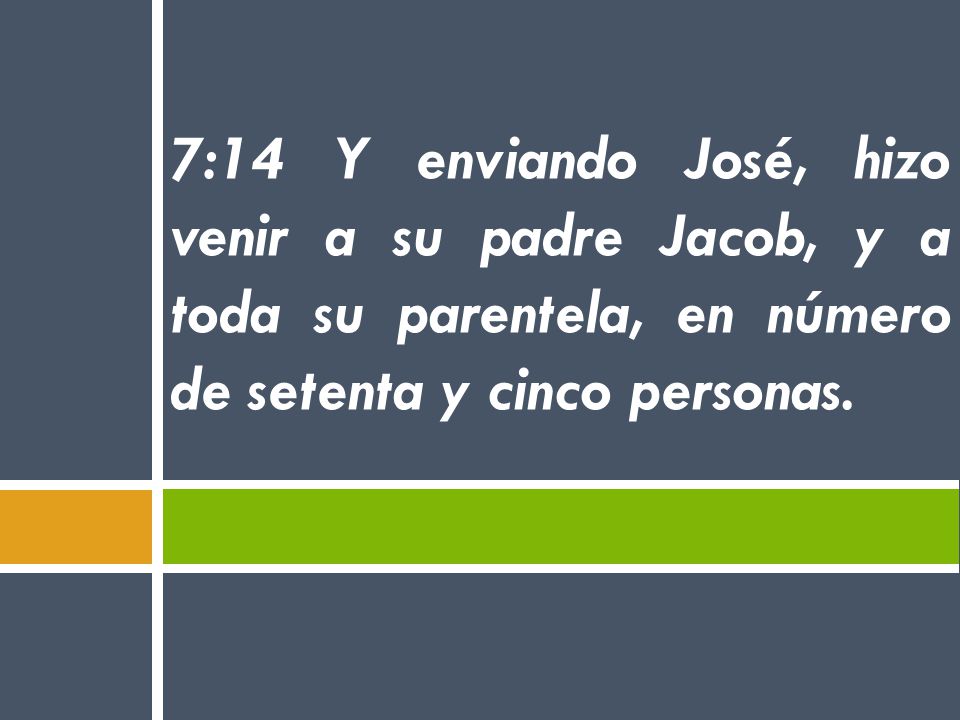 7:14 Y enviando José, hizo venir a su padre Jacob, y a toda su parentela, en número de setenta y cinco personas.