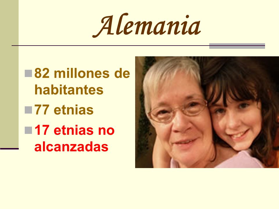 Alemania 82 millones de habitantes 77 etnias 17 etnias no alcanzadas