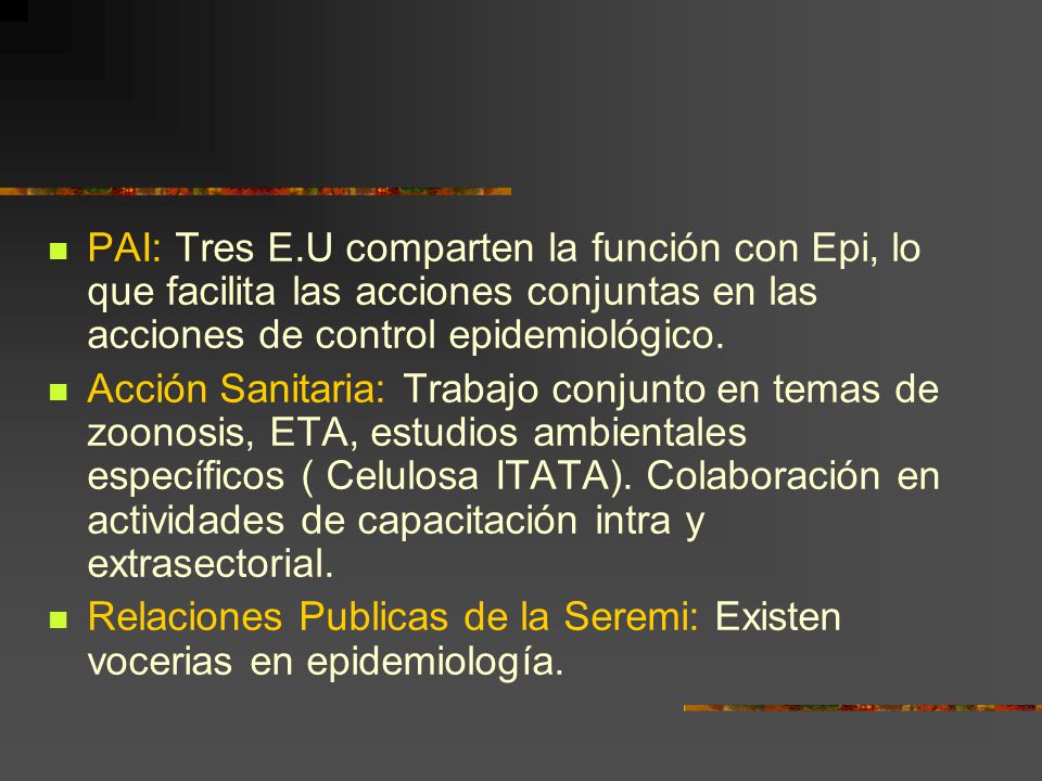 PAI: Tres E.U comparten la función con Epi, lo que facilita las acciones conjuntas en las acciones de control epidemiológico.