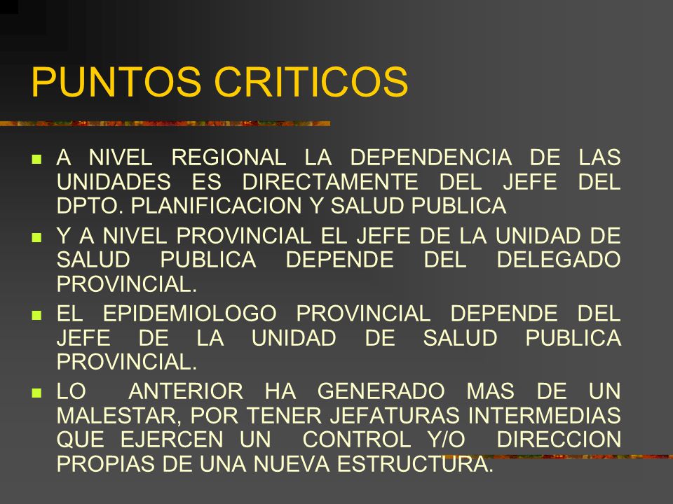 PUNTOS CRITICOS A NIVEL REGIONAL LA DEPENDENCIA DE LAS UNIDADES ES DIRECTAMENTE DEL JEFE DEL DPTO. PLANIFICACION Y SALUD PUBLICA.