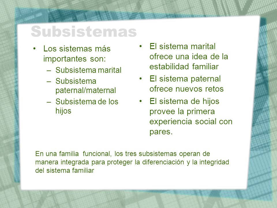 Subsistemas El sistema marital ofrece una idea de la estabilidad familiar. El sistema paternal ofrece nuevos retos.