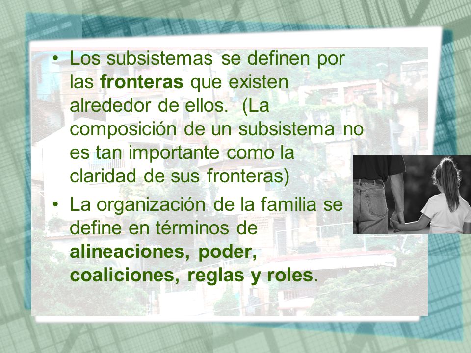 Los subsistemas se definen por las fronteras que existen alrededor de ellos. (La composición de un subsistema no es tan importante como la claridad de sus fronteras)