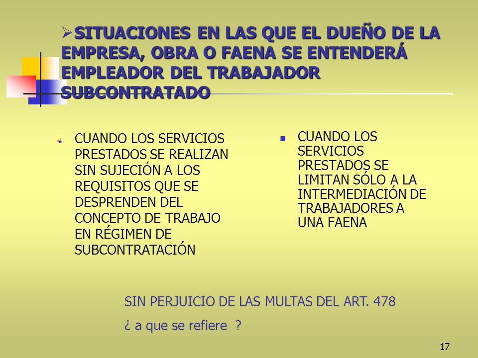 SITUACIONES EN LAS QUE EL DUEÑO DE LA EMPRESA, OBRA O FAENA SE ENTENDERÁ EMPLEADOR DEL TRABAJADOR SUBCONTRATADO