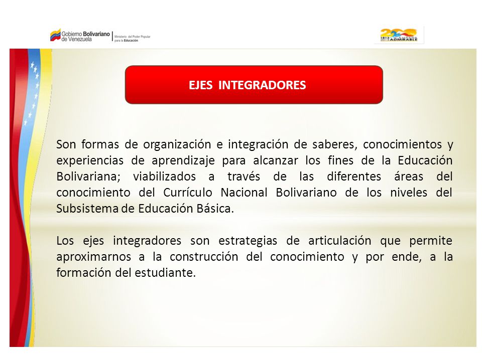 Son formas de organización e integración de saberes, conocimientos y experiencias de aprendizaje para alcanzar los fines de la Educación Bolivariana; viabilizados a través de las diferentes áreas del conocimiento del Currículo Nacional Bolivariano de los niveles del Subsistema de Educación Básica.