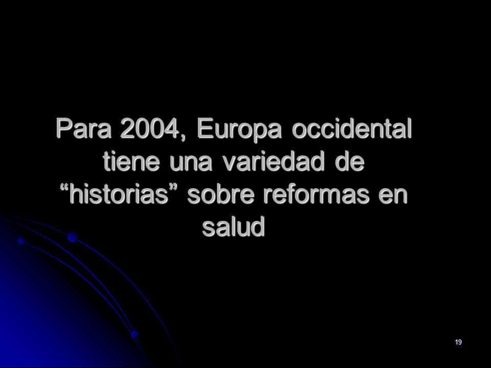Para 2004, Europa occidental tiene una variedad de historias sobre reformas en salud