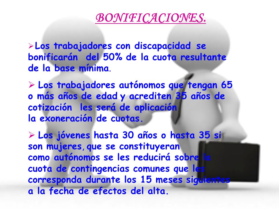 BONIFICACIONES. Los trabajadores con discapacidad se bonificarán del 50% de la cuota resultante de la base mínima.