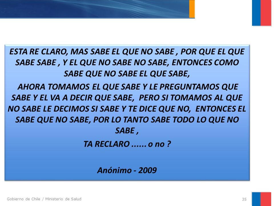 ESTA RE CLARO, MAS SABE EL QUE NO SABE , POR QUE EL QUE SABE SABE , Y EL QUE NO SABE NO SABE, ENTONCES COMO SABE QUE NO SABE EL QUE SABE,