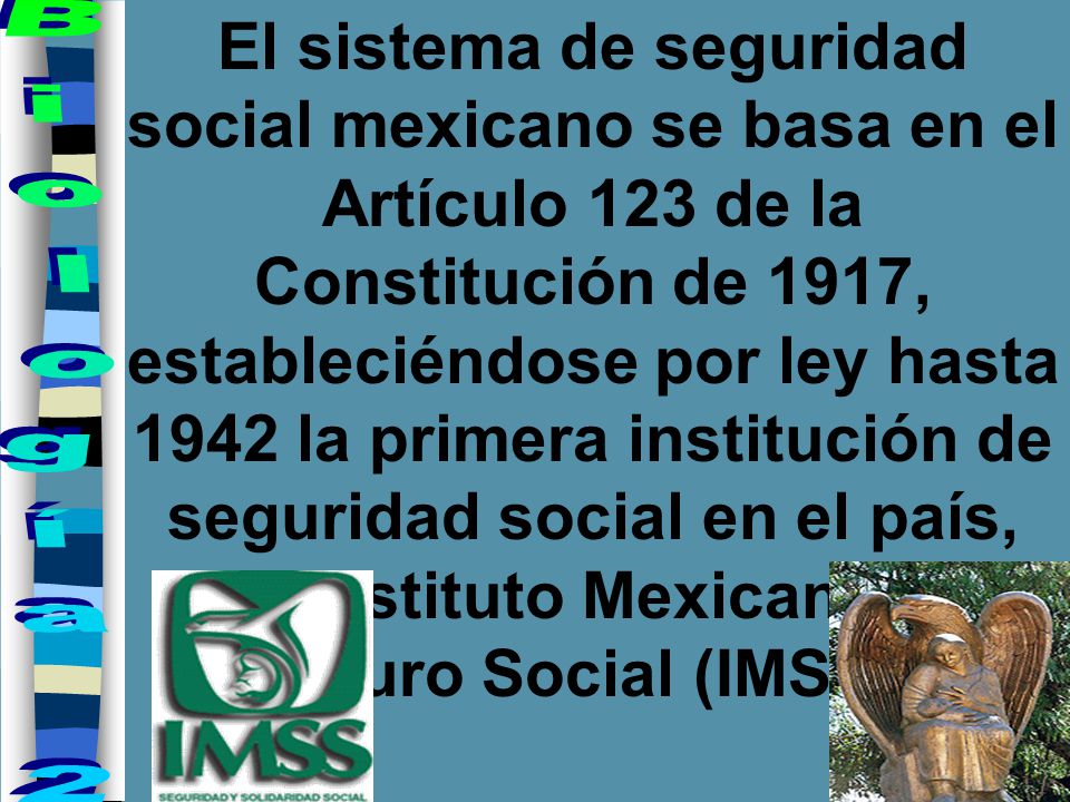 El sistema de seguridad social mexicano se basa en el Artículo 123 de la Constitución de 1917, estableciéndose por ley hasta 1942 la primera institución de seguridad social en el país, El Instituto Mexicano del Seguro Social (IMSS) .