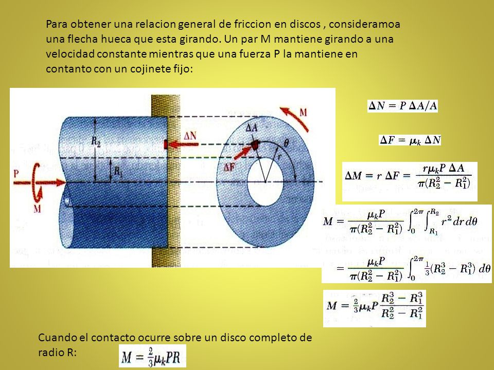 Para obtener una relacion general de friccion en discos , consideramoa una flecha hueca que esta girando. Un par M mantiene girando a una velocidad constante mientras que una fuerza P la mantiene en contanto con un cojinete fijo: