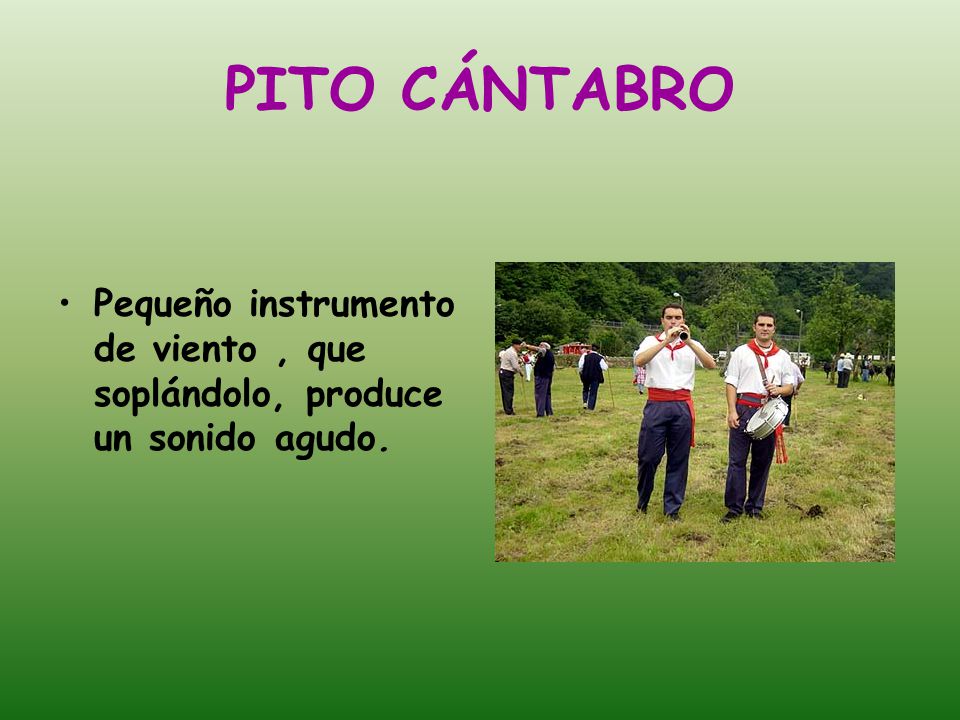 PITO CÁNTABRO Pequeño instrumento de viento , que soplándolo, produce un sonido agudo.