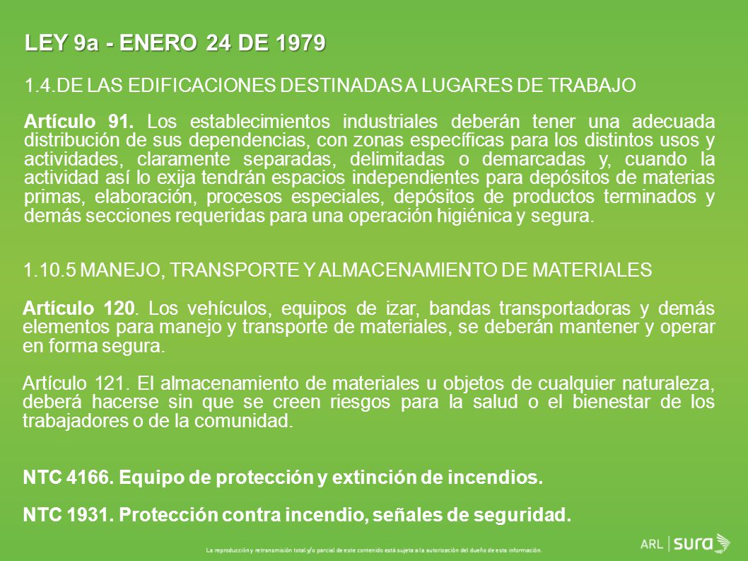 LEY 9a - ENERO 24 DE DE LAS EDIFICACIONES DESTINADAS A LUGARES DE TRABAJO.
