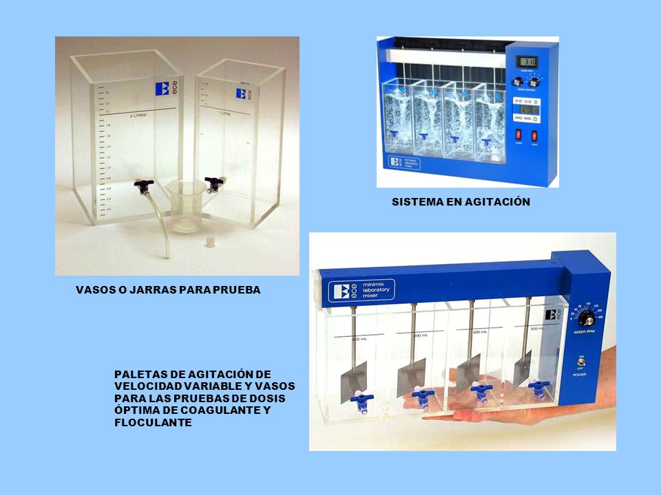 SISTEMA EN AGITACIÓN VASOS O JARRAS PARA PRUEBA. PALETAS DE AGITACIÓN DE. VELOCIDAD VARIABLE Y VASOS.